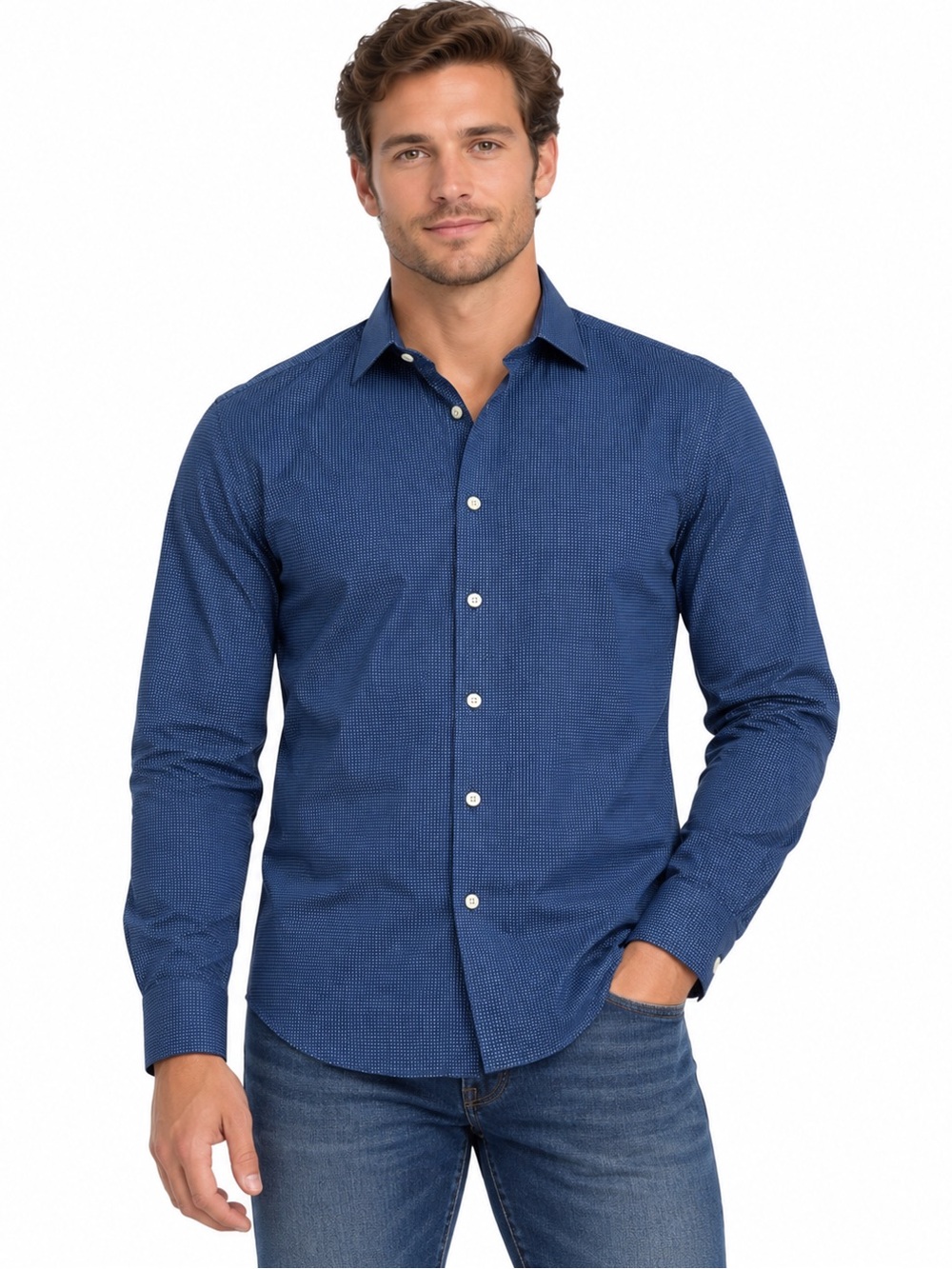 Bonobos Men’s L 16 Slim Fit Stretch Button Down Shirt Blue Dot Long Sleeve